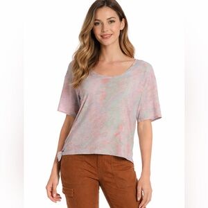 PrAna Scoop Neck Tee Relaxed Top S Side Tie Polyjungle Watercolor Pastel Soft